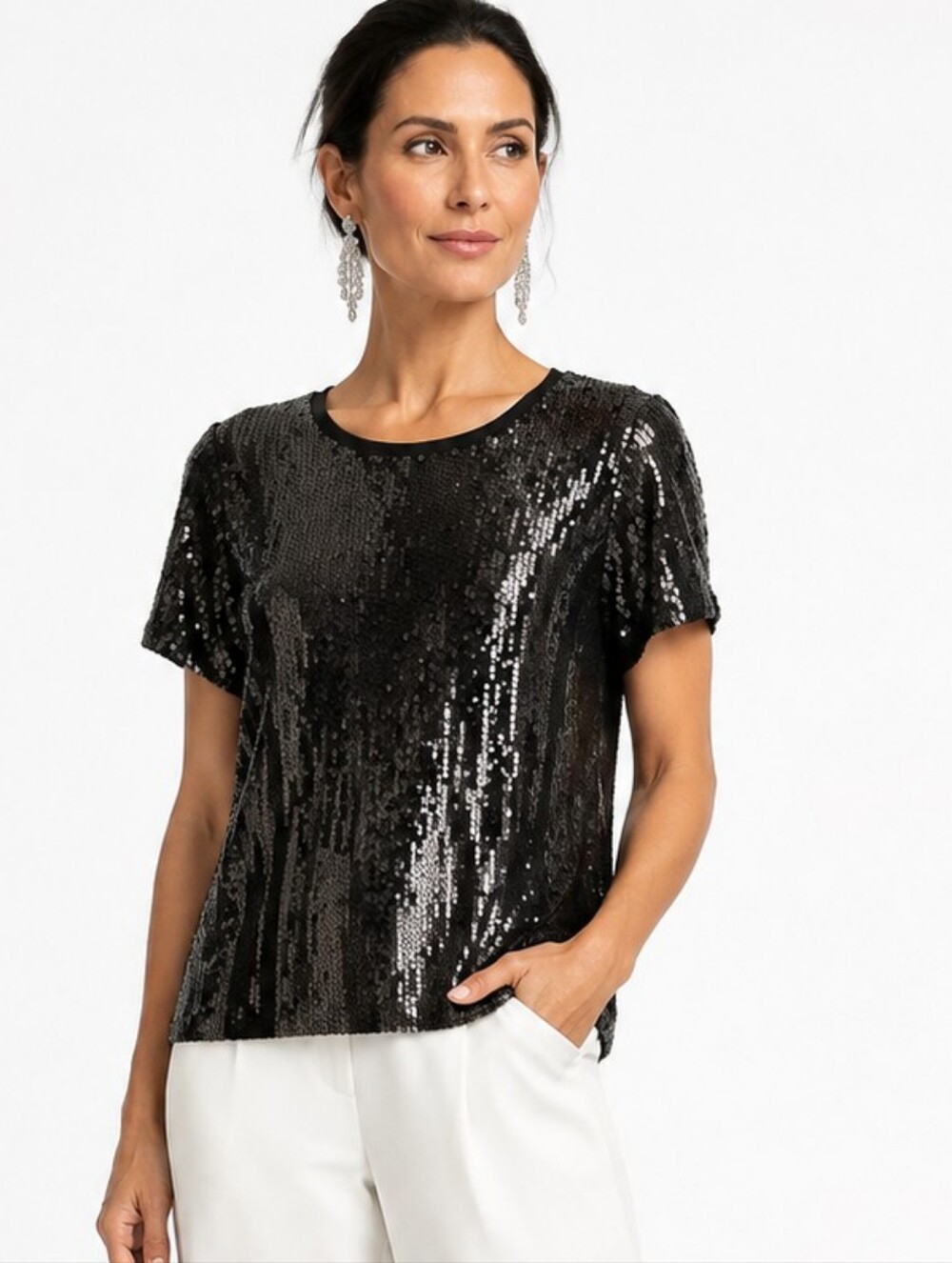 August Silk Sequin Black Top Short Sleeve